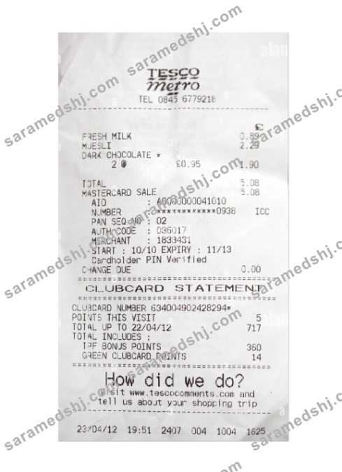 TESCO payment receipt